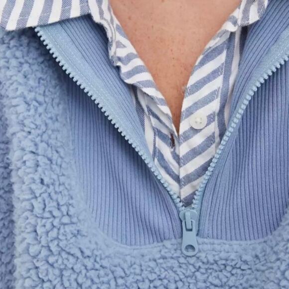 AERIE • Light Blue Teddy Sherpa Quarter Zip Pullover Sweatshirt - Picture 3 of 8